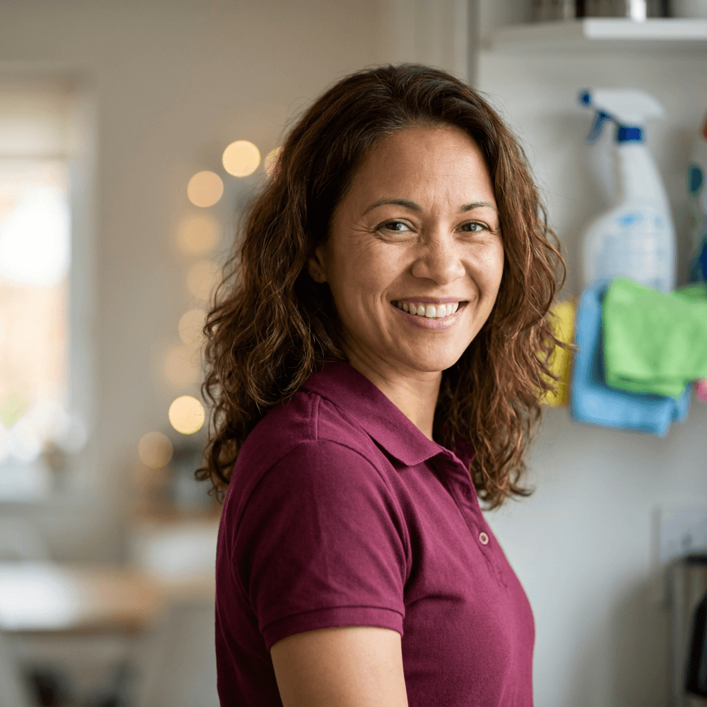 Tijanne Hall smiling in a bright Houston home, holding a caddy of cleaning supplies