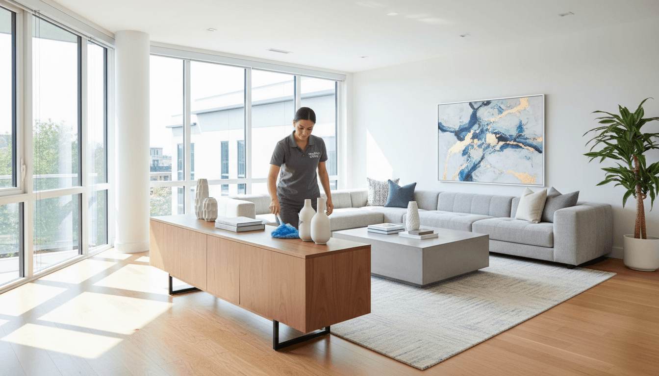 Professional cleaner dusting living room furniture in a bright modern home