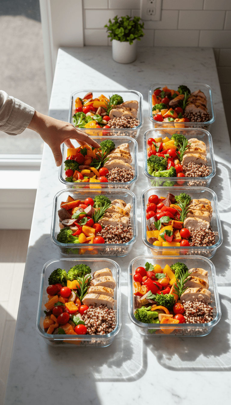 Glass meal prep containers filled with healthy food on a kitchen counter