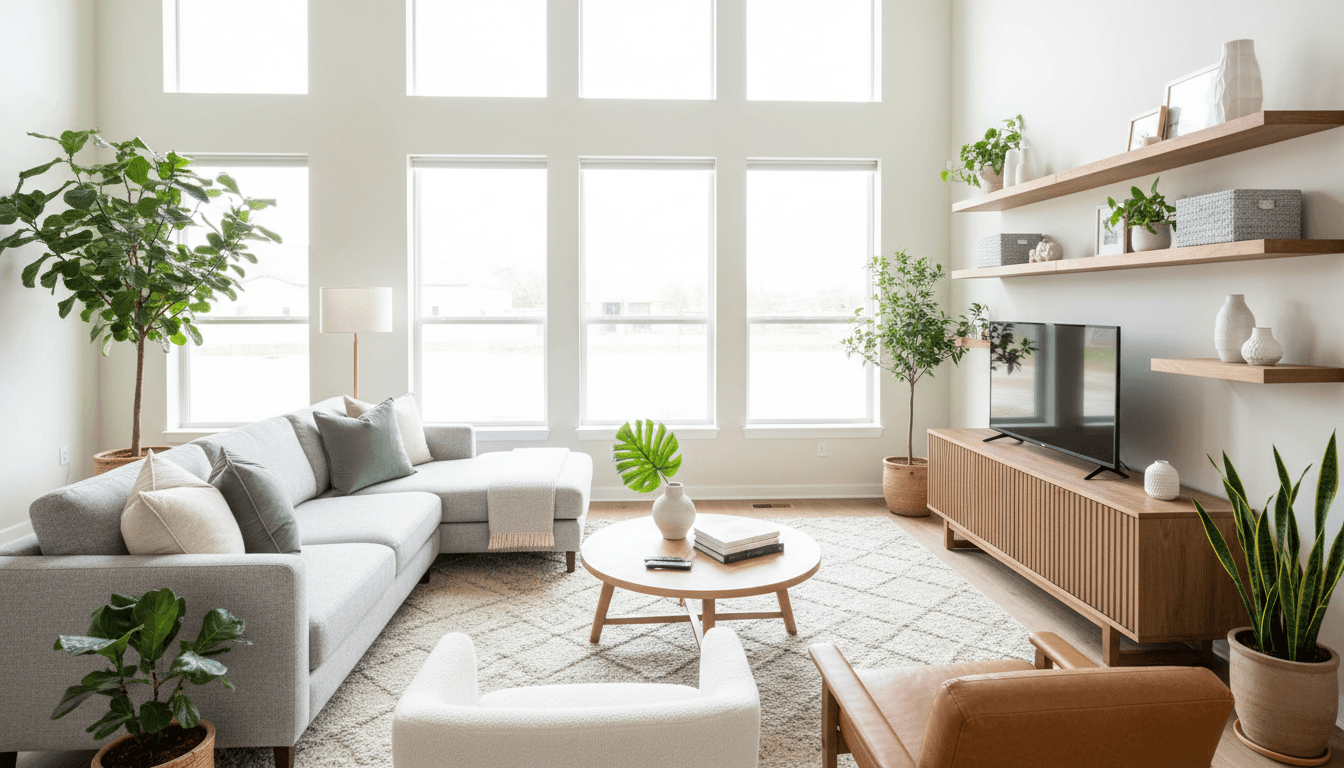 Bright modern living room with clean sofa and fluffy pillows after cleaning