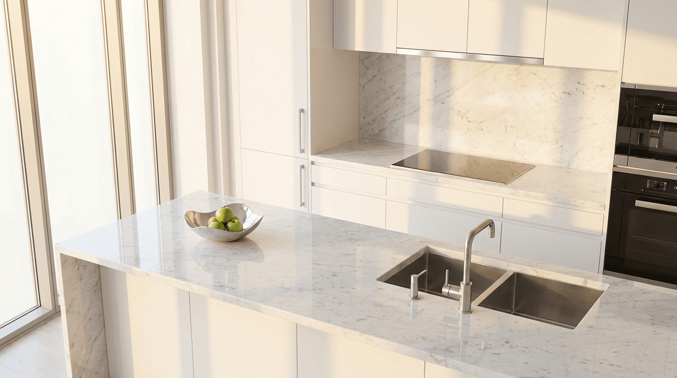Spotless white kitchen with shiny countertops and empty sink