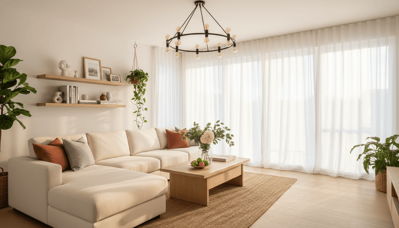 Bright tidy living room with modern furniture and natural light
