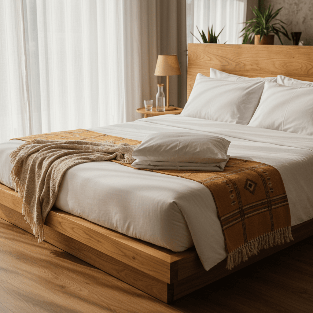 Freshly made bed with crisp white sheets in cozy bedroom