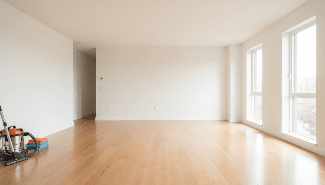 Empty bright apartment kitchen with white cabinets ready for new tenants