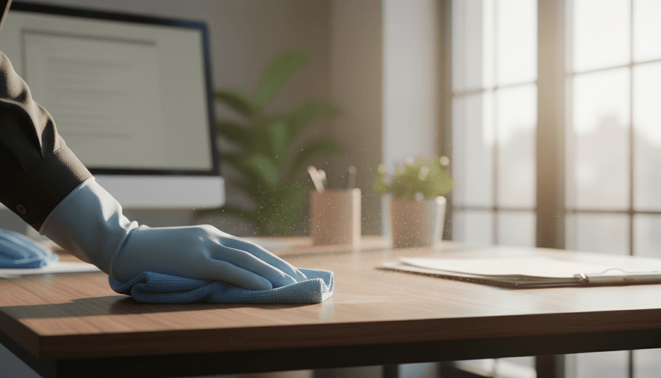 Professional cleaner wiping an office desk in a bright modern workspace