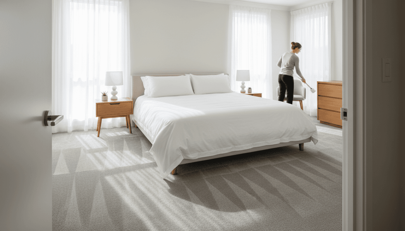 Professional cleaner making a bed with fresh white linens in a bright modern vacation rental