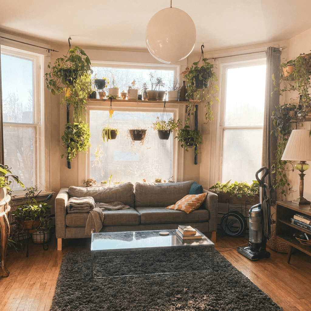 Vacuuming carpet in bright living room with natural light