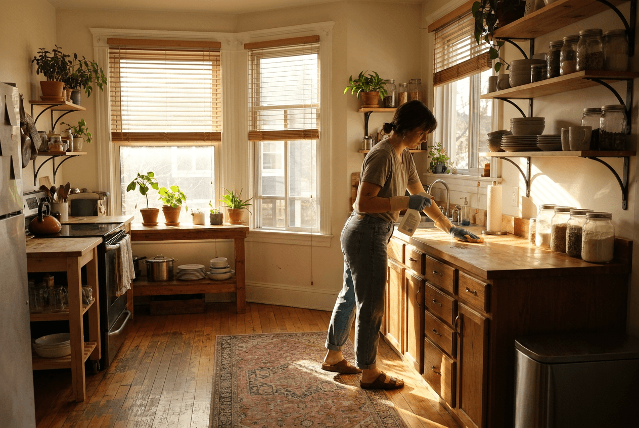 Professional cleaner wiping kitchen counter with cloth