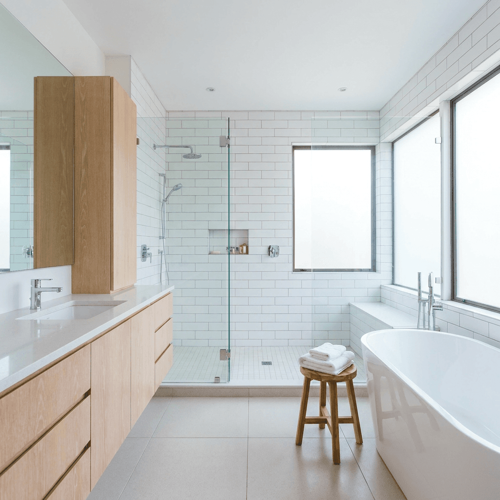Clean modern bathroom with sparkling mirror and folded towels
