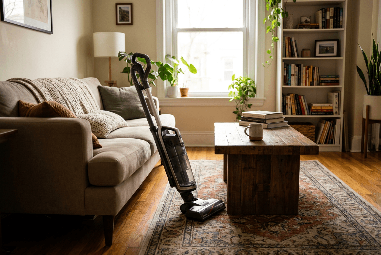 Bright and clean Houston living room with fresh flowers and sunlight